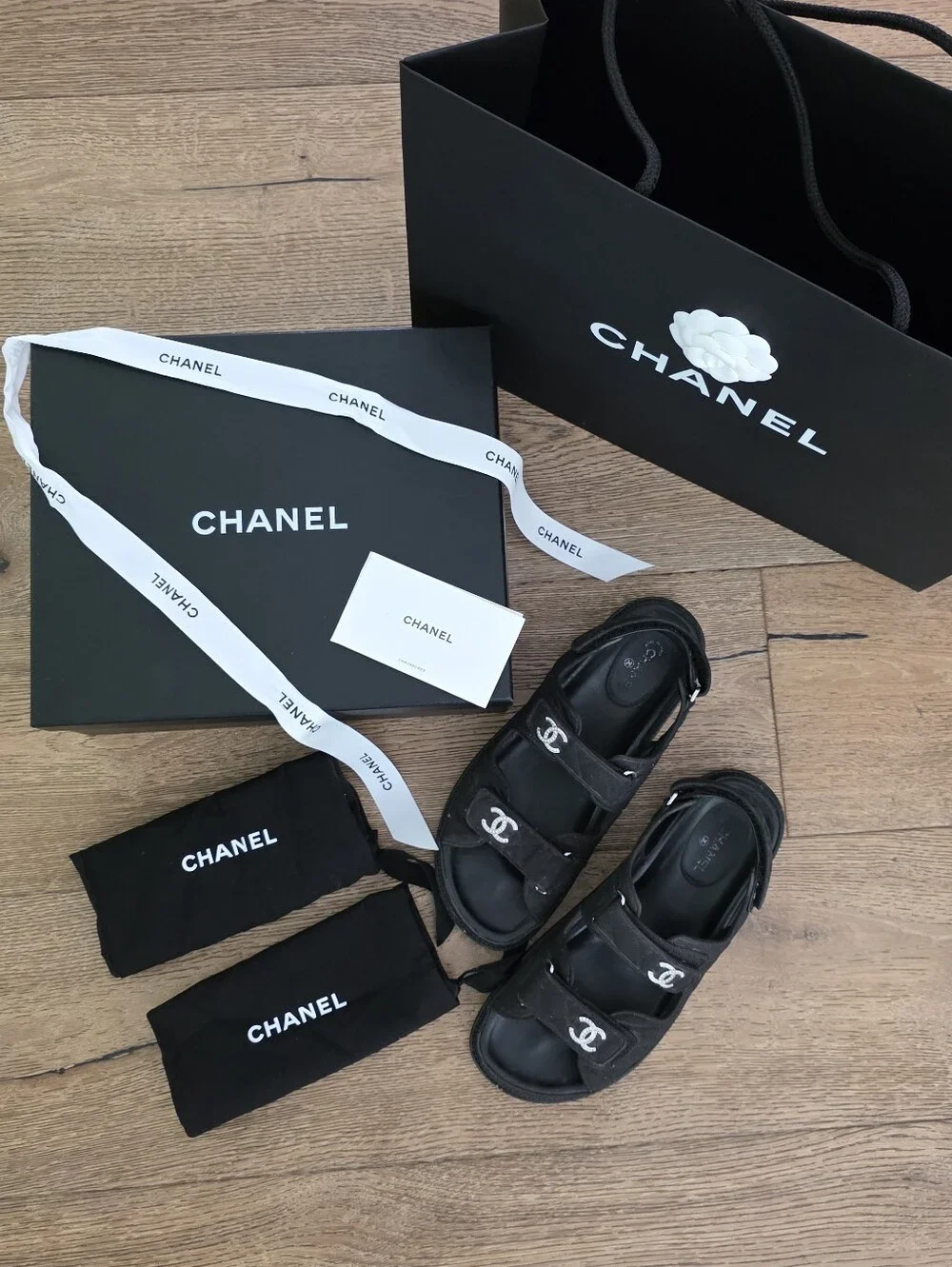 CHANEL Black Mixed Fibers CC-Strap Dad Sandals